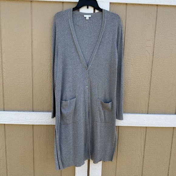 J. Jill Long Gray Ribbed Duster Cardigan Cotton Silk Blend Women’s Size Small - Picture 1 of 5